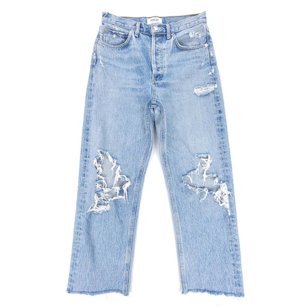 AGOLDE 90's Mid Rise Loose Fit Wide Leg Jeans Fall Out Distressed Light Denim 25